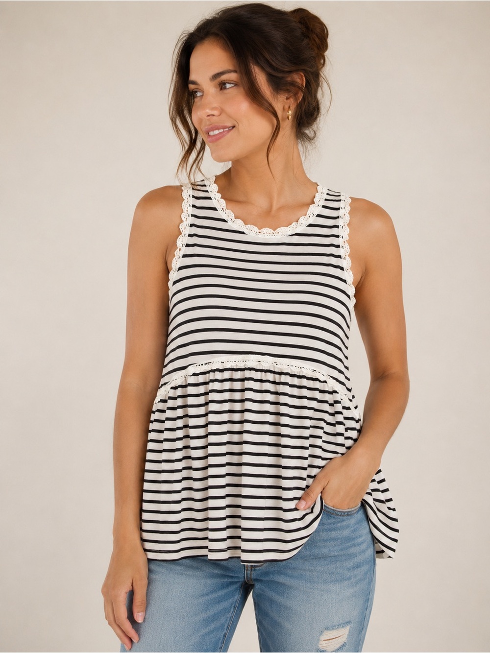POL Striped Crochet Lace Trim Peplum Tank Top Zip Back Medium